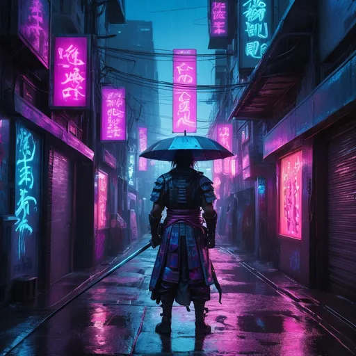 Prompt: Cyberpunk Samurai Alley
"A cyberpunk city alley drenched in neon light, with rain-slicked pavement reflecting vibrant blues, pinks, and purples. A stoic samurai stands at the alley’s center, clad in futuristic armor infused with glowing circuitry. Their katana emits a soft, blue plasma glow. Around them, holographic graffiti displays shifting images, while robotic street vendors offer glowing wares. The air is filled with a fine mist, enhancing the ambient light and futuristic atmosphere. Hyper-detailed and cinematic."