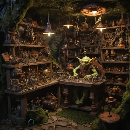 Prompt: Goblin Artisan’s Workshop
"Deep within a moss-covered cave illuminated by glowing mushrooms, a goblin artisan meticulously crafts intricate mechanical trinkets. The goblin, small and wiry, has sharp, expressive features and wears a patched leather apron filled with tools. Surrounding the workshop are shelves overflowing with gears, gemstones, and half-finished inventions that seem to hum faintly with life. A forge glows in the background, casting a warm light that reflects off scattered metallic scraps. A clever mechanical bird perches on the goblin’s shoulder, its eyes glowing softly as it observes the work. The mood is whimsical and industrious, with hyper-detailed textures on the goblin's tools, inventions, and the glowing, fungal surroundings."