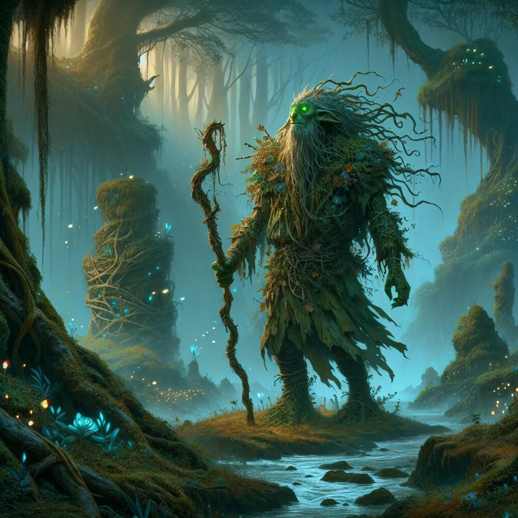 Prompt: "A fantasy art masterpiece depicting a trow, a mythical creature of dark, earthy beauty, standing amidst the misty ruins of an ancient forest. The trow has a stout and rugged physique, with moss-covered skin resembling stone and glowing green eyes that pierce through the shadows. Its long, tangled hair is intertwined with roots and small flowers, blending it seamlessly with its natural surroundings.

Clad in simple, tattered robes made from leaves and bark, the trow carries an intricately carved staff topped with a glowing amber crystal that casts a warm, magical light. The forest around it is alive with mystery: towering ancient trees, twisted roots, and bioluminescent fungi glowing softly in shades of blue and green.

In the background, a small, hidden stone altar can be seen, overgrown with vines and inscribed with ancient runes that pulse faintly. Fireflies dance in the air, and a stream of silver water winds its way through the scene, reflecting the eerie glow of a crescent moon.

The overall atmosphere is serene yet ominous, evoking a sense of wonder and caution as the trow, both protector and guardian of its woodland domain, commands respect and awe."