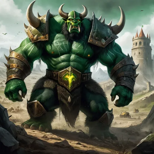 Prompt: Krusha McBonecrusha towers over the battlefield, a colossus of brute strength and ferocity. His emerald green skin is a canvas of scars, each one a testament to countless battles fought and won. His bulbous, yellow eyes gleam with an unquenchable hunger for combat, and his tusks, filed to lethal points, protrude menacingly from a snarling maw. His physique is a sculpture of muscle and sinew, the result of a life dedicated to the pursuit of violence. A mohawk of wild, jet-black hair stands tall on his head, adorned with a collection of skulls, feathers, and sharpened steel. The left side of his face is a tapestry of intricate tattoos, depicting the lineage of his clan and the great battles he has survived. His teeth are a blend of natural ivory and gleaming metal, the result of countless replacements and enhancements. His body is covered in a patchwork of armor, scavenged from defeated enemies and modified to fit his ever-growing frame. The armor, a mix of rusty iron and shimmering adamantium, is held together by chains and studs, and it clanks and groans with every step he takes, a symphony of destruction. His right hand is replaced with a massive power klaw, a fearsome weapon capable of ripping apart vehicles and crushing bone alike. The claw is a jigsaw puzzle of metal, bone, and teeth, a gruesome testament to his prowess as a warrior and mechanic. On his back, a rocket pack, held together by prayers and duct tape, awaits the next time he needs to rain down havoc from the skies.