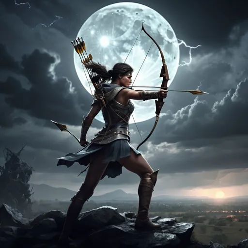 Prompt: Background: A battle-scarred battlefield with stormy skies and a shattered moon in the background.
Action: A fierce archer stands atop a hill, her bow drawn with a glowing arrow aimed at a distant enemy.
Render Style: Dark and gritty with dynamic lighting and strong contrasts.
Theme: Conflict and determination.