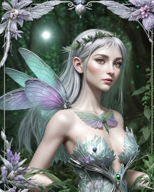 Prompt: Female, fairy, 25-year-old human appearance, sage green skin, silver leaf patterns, amber eyes, dark lashes, button nose, pink lips, silver-white hair, seasonal flowers, dragonfly-like wings, iridescent blue-purple scales, slender yet strong, 4 feet 6 inches, graceful, glowing, guardian, historian, ancient lore, empathetic, commanding presence, curious, night-dwelling, melodious voice, organizes seeds, mimics forest sounds, moonlit, forest guardian, elegant, whimsical, emotionally intelligent, respect for nature, fairy charm, mediator, trickster.