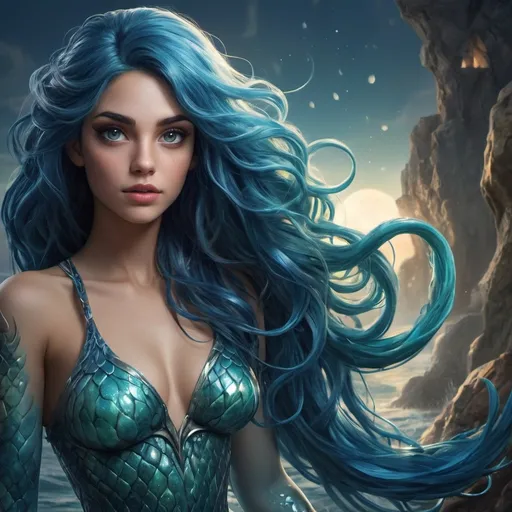 Prompt: Aria Shellsinger is a statuesque triton with a flowing mane of deep blue hair that shimmers like the oceans depths in moonlight. Her eyes are a piercing cerulean, hinting at a fiery spirit beneath the surface. her skin is a pearlescent shade of blue-green, and her tail, a mesmerizing mix of iridescent scales, sweeps gracefully behind her. Two delicate yet powerful arms branch out from her torso, ending in webbed hands with sharp coral-tinted nails. A necklace of polished pearls and sea shells adorn her neck, symbolizing her status as the keeper of her underwater city's sacred relics.