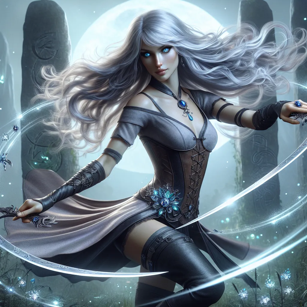 Prompt: "A graceful female human warrior-mage with flowing silver hair and piercing blue eyes, spinning elegantly in a moonlit glade. Her dual blades, sleek and etched with glowing arcane runes, leave trails of light as she dances in combat with unseen foes. She wears a fitted leather and silk battle dress, adorned with sapphire gemstones that shimmer like stars. Around her, the glade is alive with glowing flora and ethereal fireflies, while a crescent moon bathes the scene in a soft, silver glow. Ancient stone monoliths, carved with forgotten symbols, loom in the misty background."