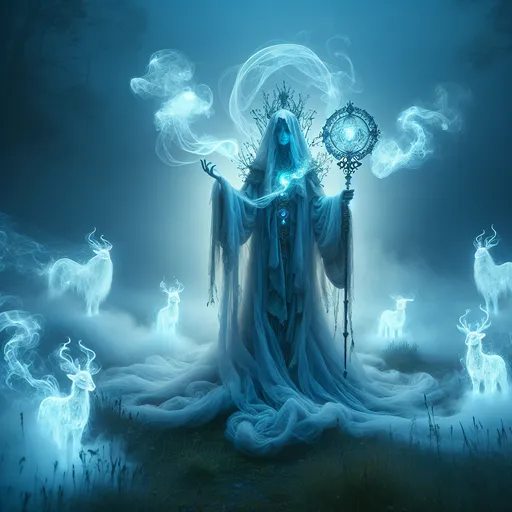 Prompt: "An ethereal figure draped in robes made of flowing mist stands in a tranquil meadow illuminated by ghostly blue light. In their hands, they hold an ornate spindle that spins threads of glowing spirit energy, weaving them into intricate patterns. Around them, spectral animals emerge from the mist, guarding their master with silent reverence."