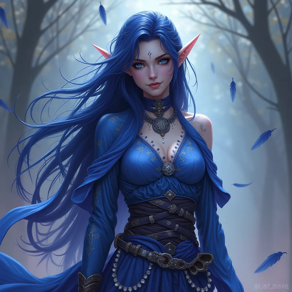 Prompt: Zarael Whisperwind, known more commonly as Zara, stands tall at six feet seven inches, a testament to her Kalashtar lineage. Her skin is a rich tapestry of blues and purples, shimmering subtly in the light with an ethereal quality that seems to hint at the bound psionic energy within her. Her hair, long and flowing, is a cascade of dark indigo that reaches the small of her back, often adorned with small crystals and feathers that whisper with every movement. Her eyes are the most striking feature, a piercing silver that seems to gaze into the soul of anyone who meets her gaze. They are large and almond-shaped, framed by thick, dark lashes, and surrounded by a faint aura that pulses with psychic energy. Her features are sharp and angular, reminiscent of elven grace but with a stoic strength that speaks of her monk training. Her body is toned and lithe, a balance of power and agility that comes from centuries of discipline and meditation. Her garments are a mix of light armor and flowing silks in shades of midnight blue and silver, allowing for ease of movement in combat and a certain elegance in diplomacy. Her hands and feet are adorned with intricate tattoos that trace the pathways of her psionic abilities, each line and swirl telling a story of her ancestral heritage and personal triumphs.