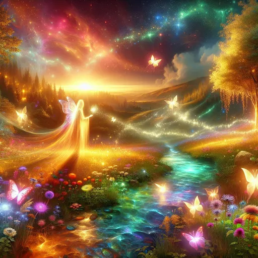 Prompt: The Radiant Meadow: A Haven of Light and Magic
"Step into a radiant meadow bathed in golden light, where the vibrant grass shimmers with an iridescent sheen, transitioning between emerald green and warm amber. Scattered throughout the meadow are blossoms of every imaginable hue, their petals glowing faintly as though kissed by starlight. Delicate butterflies with translucent, jewel-like wings flit gracefully from flower to flower, trailing streams of glittering light in their wake.

In the distance, gentle rolling hills rise and fall, their slopes covered with a kaleidoscope of wildflowers and dotted with ethereal, glowing trees that seem to hum with an inner magic. A crystal-clear brook meanders through the scene, reflecting the dazzling hues of the meadow in its sparkling waters, and creating a soft, melodic sound as it flows over smooth, colorful stones.

At the center of the meadow stands a solitary figure, perhaps a celestial being or nature spirit, draped in flowing garments that ripple like liquid sunlight. Their presence radiates serenity and power, and a glowing staff or artifact in their hand amplifies the natural light, casting a warm, golden glow across the landscape. Overhead, the sky is a breathtaking gradient of colors—blush pinks, soft oranges, and vivid blues—with faint streaks of light that hint at celestial movements.

This artwork captures the magical tranquility and vibrance of a fantasy meadow, evoking a sense of wonder and peace in its radiant, life-filled splendor."

