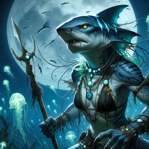 Prompt: "A formidable female adaro emerges from the depths of a moonlit ocean, her shark-like features a blend of predatory strength and otherworldly grace. Her pale blue skin, marbled with darker streaks, shimmers faintly under the light of the moon, and her dorsal fin rises like a crest of a sea queen. Her sleek, muscular frame is adorned with jewelry crafted from polished sea glass and black pearls, while her armor is pieced together from scavenged metal and coral, each piece reinforced by natural ridges of her own body. She wields a long, barbed spear etched with glowing sigils that pulse softly with a cerulean light. Her webbed hands are clawed, and her yellow, slit-pupil eyes gleam with intelligence and resolve. The water surrounding her is alive with bioluminescent life—jellyfish trailing glowing tendrils, tiny fish darting like living stars, and kelp swaying in rhythm with the current. Above, the moonlight breaks through stormy clouds, illuminating her as both hunter and protector of the undersea realms."