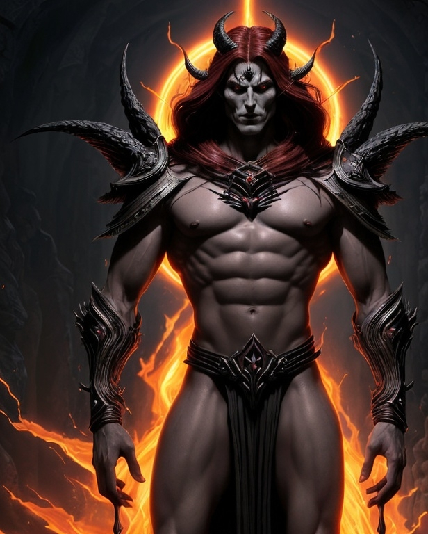 Prompt: Moros Aeternus stands tall, with a slender yet muscular frame that suggests a being of both ethereal grace and formidable power. His skin is a deep, smoldering red, as if kissed by the embers of a dying star, with intricate patterns of black flames swirling and pulsing just beneath the surface. His eyes are pools of shadow, flickering with an unsettling mix of amber and crimson light. Long, fiery red hair falls in soft waves down to his mid-back, framing a sharply chiseled face with high cheekbones and a strong, angular jawline. His features are almost painfully beautiful, with full lips that curve into a knowing smirk and a straight nose that seems to have been sculpted from marble. Two small, curving horns emerge from his forehead, hinting at his demonic lineage, while his ears end in delicate points, framing the fiery locks. He moves with a predatory grace that speaks of centuries of experience navigating the treacherous halls of the Nine Hells and the mortal realms alike. His attire is a blend of archaic and avant-garde styles, with flowing robes of deep purple trimmed in gold, and armor plates that seem to be made of a black metal that drinks in light, emblazoned with the crimson insignia of a phoenix rising from the ashes.