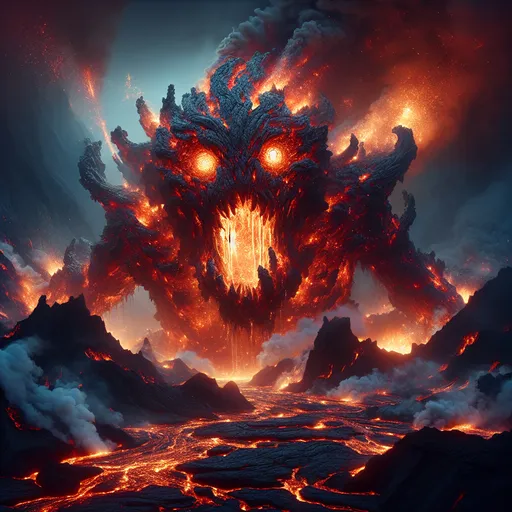 Prompt: "A colossal beast made of molten rock and fiery magma rises from the heart of an erupting volcano. Its eyes glow like twin suns, and lava drips from its massive jaws as it roars, shaking the earth. Steam and ash billow into the air, creating a fiery, barren backdrop as the creature’s molten claws tear through the landscape."