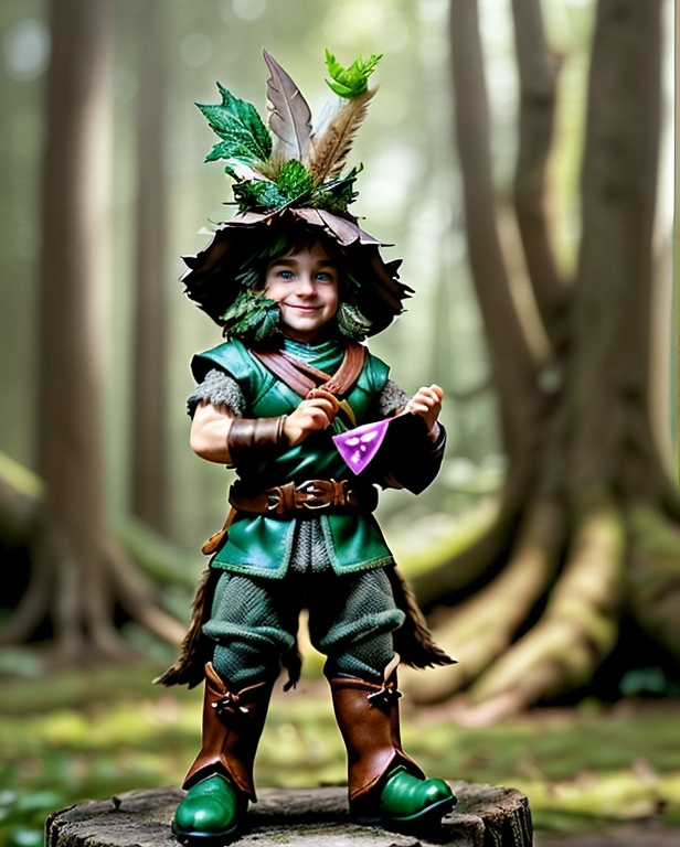 Prompt: Halfling, male, 43 years old, earthy brown skin, mischievous twinkle, wild leafy hair, chest-length beard, tiny bells and feathers, leafy green tunic, high leather boots, utility belt, seasonal feathered hat, straight proud posture, curious eyes, adventurous spirit, nature-inspired attire, adept illusionist, forest dweller, clan historian, charming storyteller, protective guardian, spry, nimble, wise, enigmatic, alliance forger, quick-thinking, playful, nature-adorned, whimsical charm, forest-born, ancient lore keeper.