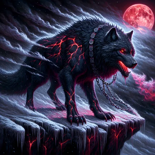 Prompt: "A massive male dire wolf with obsidian-black fur streaked with glowing crimson veins, standing atop a jagged, snow-covered cliff under a blood-red moon. His piercing, fiery orange eyes radiate an aura of primal power, and his jagged claws carve into the frozen ground. His breath emerges as icy mist, curling around the ancient rune-etched chains that dangle from his neck and limbs, remnants of a failed attempt to tame him. The stormy skies above crackle with red lightning, illuminating a pack of shadowy specters that follow their formidable alpha through the treacherous wilderness."