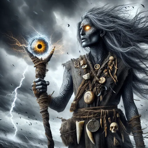 Prompt: The Skybreaker Oracle
"A commanding female cyclops stands at the edge of a windswept cliff, her towering, muscular frame silhouetted against a stormy sky. Her single, piercing eye glows with a golden light, radiating wisdom and an ancient, mystical power. Her weathered, slate-gray skin is marked with swirling tribal tattoos that shimmer faintly like molten gold. She wears a rugged tunic made of woven stormcloud fabric and adorned with talismans of bone and crystal, each charm vibrating with latent energy. In one massive hand, she holds a gnarled staff crowned with a shard of lightning-struck obsidian, crackling faintly with raw elemental energy. Around her, the wind howls, and flashes of lightning illuminate the scene, as if the storm itself answers to her presence. At her feet, a circle of ancient runestones hum with arcane symbols, the remnants of her role as a revered seer and protector."