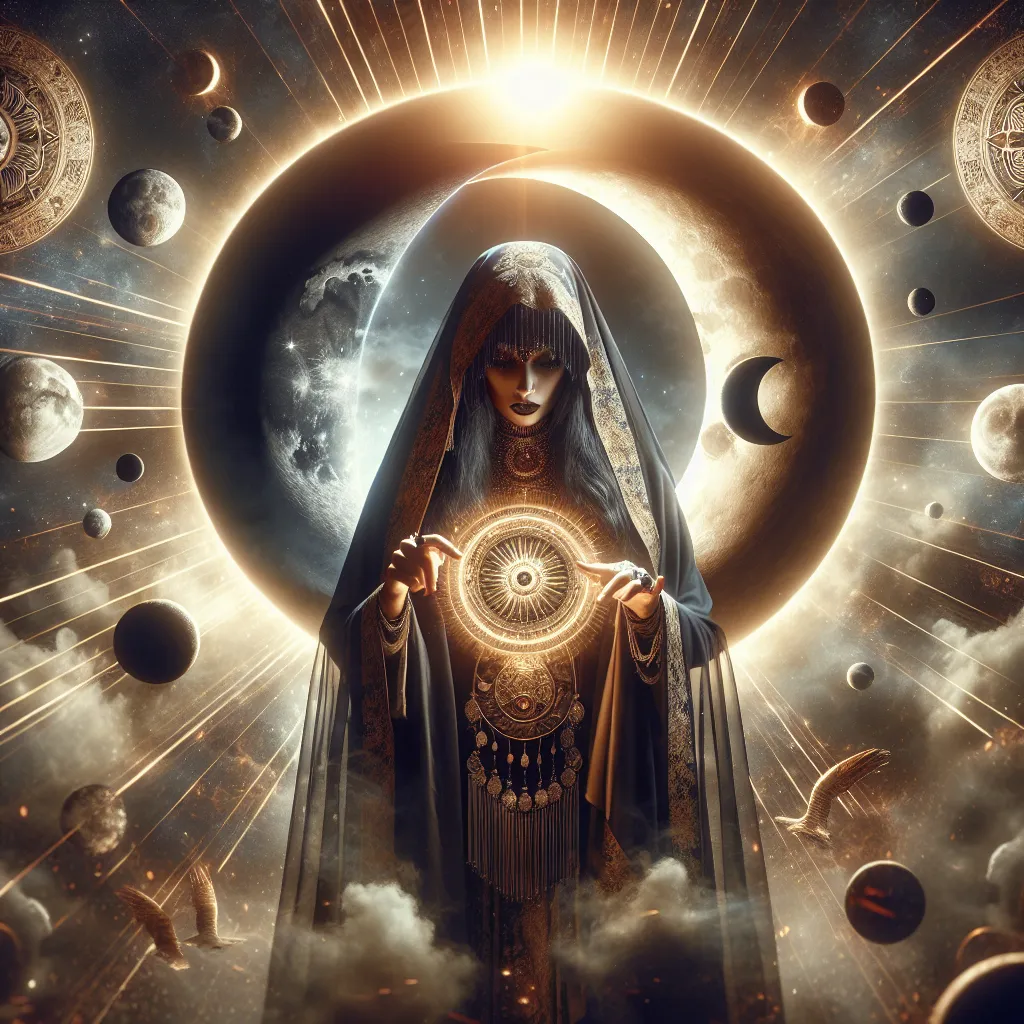 Prompt: "A mysterious seer shrouded in a flowing cloak of black and gold stands beneath a sky where the sun and moon are locked in eternal eclipse. In their hands, they hold a mirror that reflects the faces of those seeking answers. Surrounding them, glowing symbols of prophecy and fate hover in the air, pulsating with an eerie rhythm."