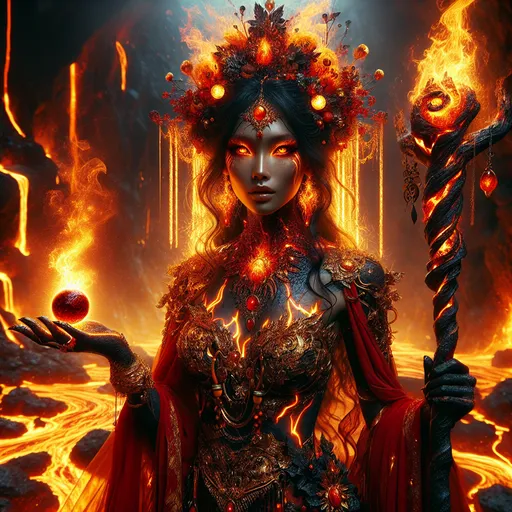 Prompt: Radiant Female Fire Genasi Sorceress
"A striking female Fire Genasi stands at the heart of a volcanic temple, her fiery form glowing with an intense inner light. Her skin shimmers with the texture of molten lava, glowing cracks tracing across her arms and shoulders like living magma veins. Her flaming hair, a cascade of vibrant orange, red, and gold, dances and flickers like a living blaze, illuminating her determined, regal expression. Her eyes burn with an inner fire, glowing like twin embers that pierce through the smoky air.

She is adorned in ceremonial robes made of blackened metal and crimson silk, designed to flow like the flames she commands. Golden accents shaped like flames and sunbursts embellish her attire, catching the light of her fiery aura. In one hand, she wields a staff of obsidian, its tip crowned with a glowing ruby orb encased in spiraling flames.

Around her, the volcanic temple is alive with elemental energy: rivers of glowing lava snake through the stone floor, casting fiery reflections onto the black basalt walls, while bursts of flame erupt from carved braziers. The air shimmers with heat and ash, and the distant rumble of the volcano adds to her powerful, elemental presence."