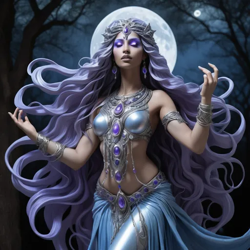 Prompt: Thara Moonshadow is a Magog, a rare and enigmatic species known for their ethereal beauty and otherworldly grace. Standing at a statuesque six feet tall, her skin is a shimmering silver that seems to dance with the light, often reflecting the soft blues and purples of the moonlit nights she so dearly loves. Her long, flowing hair cascades like a waterfall of obsidian, each strand adorned with delicate beads of silver that jingle softly as she moves. Her eyes are twin pools of liquid amber, surrounded by thick, dark lashes that seem almost too heavy for her delicate features. Her nose is straight and slender, her lips full and naturally tinted a soft pink. Her ears are pointed, elongated and adorned with intricate earrings that mirror the shape of the crescent moon. Her body is lithe and athletic, a testament to her centuries of honing her skills as a warrior and a dancer. Her fingers are long and nimble, perfect for plucking the strings of her magical lute, and her feet, bare and unblemished, leave no trace as she glides across the ground. She is often seen wearing a cloak of woven starlight that clings to her form, revealing just enough to hint at the intricate tattoos that cover her torso, each one a story from her long and storied past.