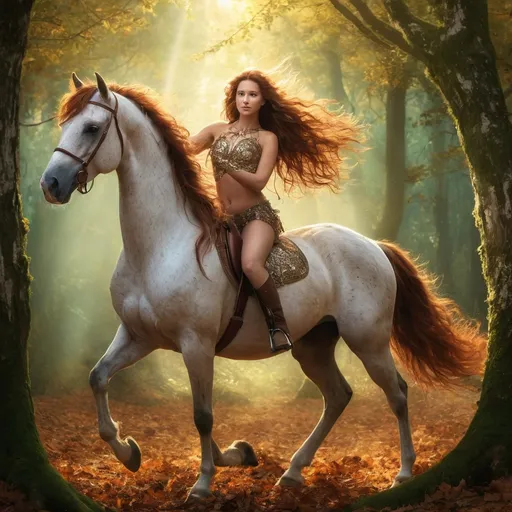 Prompt: In the heart of an ancient enchanted forest, where sunlight filters through a kaleidoscope of leaves, there roams a majestic female centaur named Elara. With the graceful torso of a woman and the powerful body of a chestnut mare, she embodies the perfect harmony between humanity and nature. Elara’s long, flowing hair dances in the breeze, interwoven with delicate wildflowers that bloom only in her presence. Her striking emerald eyes hold the wisdom of the ages, reflecting the vast knowledge she has gained from the forest’s secrets. Adorned with intricate tribal tattoos that tell the tales of her ancestors, Elara carries herself with a regal air, her strong legs galloping effortlessly through the glades. As the guardian of the woodland realm, she possesses the ability to commune with animals and wield nature’s magic, ensuring the balance of life flourishes in her domain. Fierce yet nurturing, Elara is a beacon of strength and compassion, forever devoted to protecting the beauty of her enchanted world.