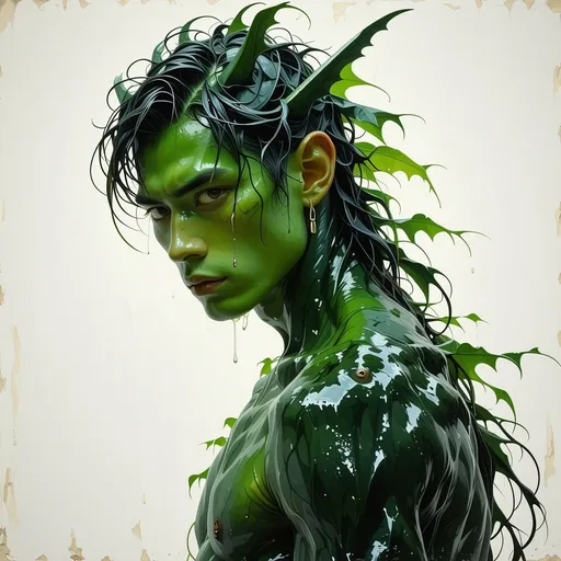 Prompt: Tsukuyomi Kawasaki is a striking example of a Kappa, a creature from Japanese folklore that combines the elegance of a human with the aquatic features of a reptilian being. Standing at a lean 5'9", his skin is a smooth, pale green, reflecting the shades of algae-covered stones from the riverbed he calls home. His hair, a shock of emerald that falls just above his shoulders, is always damp and appears to be made of fine strands of kelp swaying gently in an underwater breeze. His eyes are large, round, and a piercing blue-green, reminiscent of the deepest parts of the river where the sun's light barely reaches. His nose is elongated into a beak-like structure, and his mouth is filled with sharp teeth, hinting at his carnivorous nature. Tsukuyomi's most distinguishing feature is his bowl-shaped head, which is said to be filled with water from the river of his birth, granting him his power and life force. It glows softly under the moonlight, revealing its depths like a miniature, bioluminescent pond. His body is adorned with intricate, water-based tattoos, each one telling a story of the river's history and his own adventures. His hands and feet are webbed, and he moves with a grace that belies his amphibious nature. He is often found wearing traditional Japanese garb that is slightly tattered from his aquatic lifestyle, yet still maintains an air of refinement and nobility.