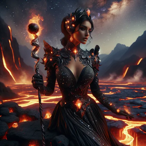 Prompt: " A beautiful yet deadly female Fire Genasi, wearing obsidian armor encrusted with diamonds glowing with the cracks of magma flowing from her body, holding a fiery staff made of platinum topped with a jasper orb. The Fire Genasi stands near an open pool of lava, serene and calm with pockets of smoke bubbling from within. The sky is late evening and there is many constellations, galaxies and stars above."