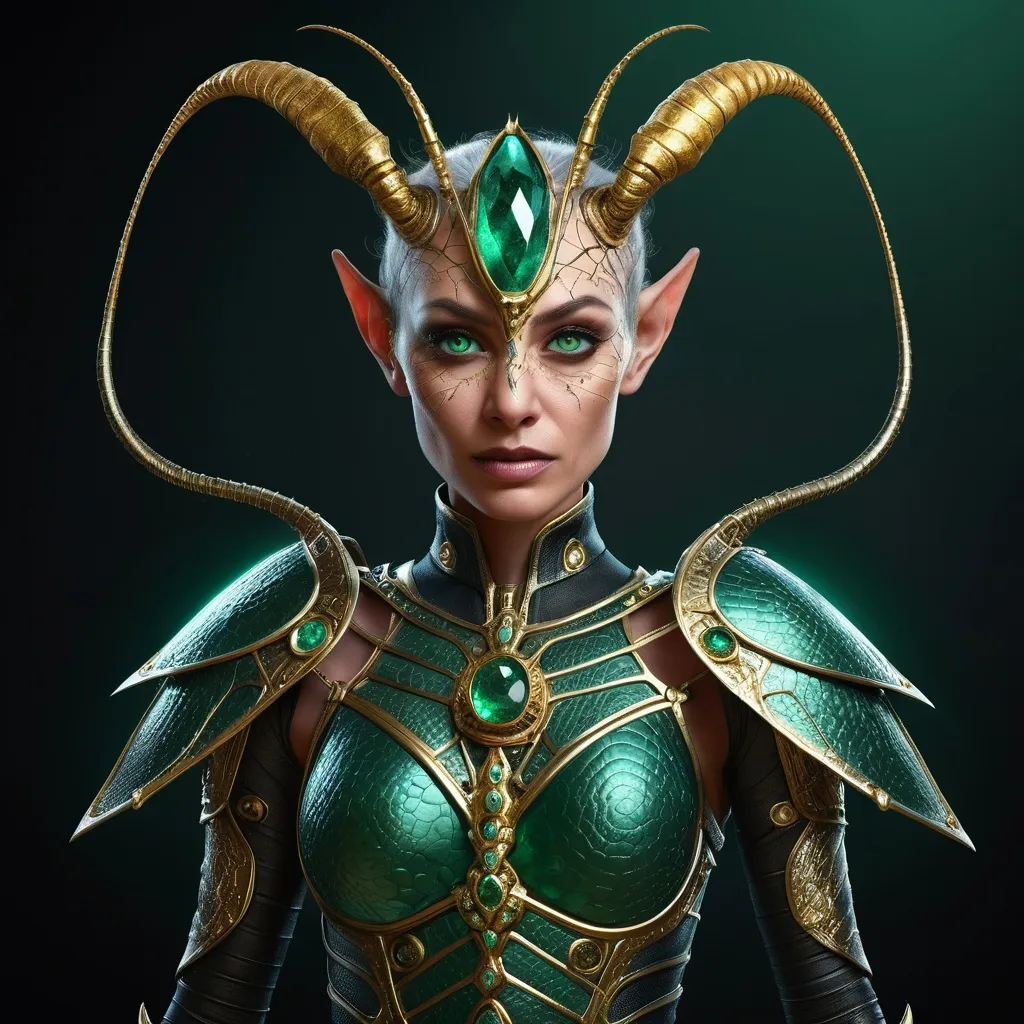 Prompt: Thri-kreen, female, emerald exoskeleton, long antennae, ancient carvings, piercing gold eyes, silver eye webs, eight-foot height, broad thorax, chitin armor, gem-studded, master illusionist, tactician, diplomat, wise, stoic, empathetic, sharp wit, subtle humor, fierce warrior, pivotal turn, alliance with humans, bridge-builder, master of diplomacy, witnessed historical events, unmatched patience, swift decisiveness, honor-bound, silent stalker, meditates with ancestors.