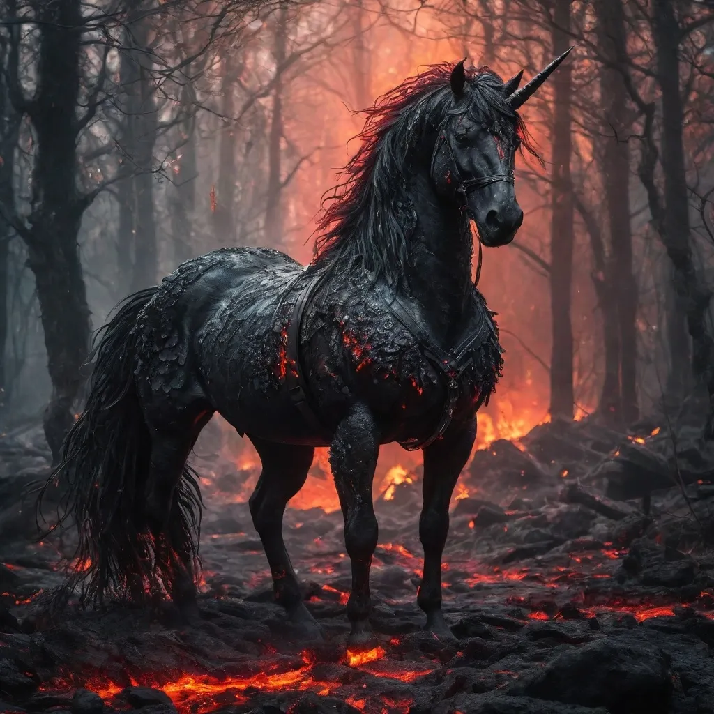 Prompt: (fantasy style), black unicorn, (dramatic dark color scheme), covered in black and red scales, wearing a harness of molten lava, long fiery mane, molten lava dripping from neck, ominous ambiance, high-definition details, ethereal glow surrounding creature, vivid texture contrast, mystical atmosphere, enchanted forest background, ultra-detailed.