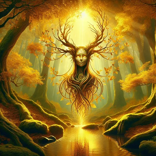 Prompt: "A serene forest deity with bark-like skin laced with veins of glowing amber stands in the center of a golden grove. Her antler-like branches stretch towards the sky, emitting soft beams of light that nurture the vibrant, golden-leafed trees around her. A gentle stream of liquid gold flows at her feet, reflecting the serene magic of the grove."