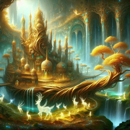 Prompt: "An ancient, towering castle made of intertwined golden trees, with branches that sparkle with enchanted gemstones. Streams of light pierce through a misty, vibrant forest, revealing magical creatures like glowing faeries and luminous deer grazing nearby. A waterfall of liquid silver flows from the castle’s highest point."