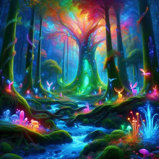 Prompt: The Enchanted Wilderness: A Vibrant Paradise
"Immerse in a fantasy wilderness bursting with vibrant life and unearthly colors, where towering trees with glowing, multicolored leaves form a canopy that bathes the forest floor in radiant, dappled light. Crystal-clear streams wind through the lush undergrowth, their waters shimmering with an otherworldly blue-green luminescence. Exotic flowers of impossible hues bloom in abundance, their petals glowing faintly, while delicate, bioluminescent fungi climb up ancient, moss-covered trunks.

Wildlife abounds, with fantastical creatures seamlessly blending into the vibrant landscape: a herd of shimmering deer-like beings with crystalline antlers drink from the stream; colorful birds with tails of flowing light dart through the branches, leaving streaks of brilliance in their wake. A gentle breeze rustles the foliage, causing soft musical chimes as the glowing plants and crystalline formations hum in harmony.

In the heart of this paradise, a towering tree with an enormous, radiant core pulses gently, illuminating the surroundings like a living sun. Its roots form a natural cathedral-like structure, and within, a mystical figure—perhaps a druid or a forest spirit—stands, arms outstretched, communing with the flourishing energies of the vibrant wilderness. Ethereal light cascades down from above, illuminating the scene with a serene, magical glow. This masterpiece captures the awe-inspiring vitality and magic of a fantastical natural world, teeming with life and beauty."

