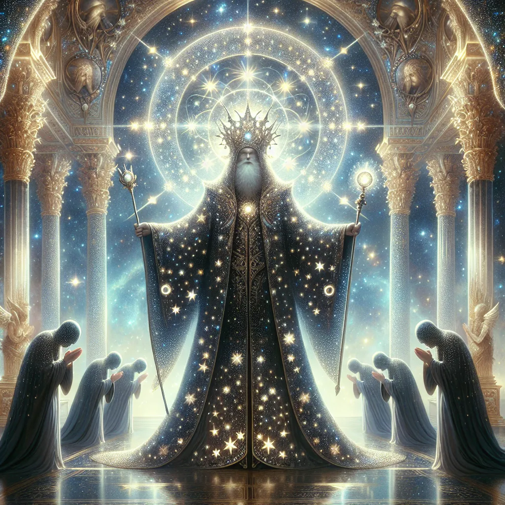 Prompt: "A regal figure adorned in robes woven with constellations steps forward from a grand, radiant celestial palace. Their crown glimmers like a ring of stars, and their scepter shines with a light that shifts between gold and silver. Around them, celestial beings bow in reverence, their forms blending seamlessly with the starlit expanse behind the emissary."