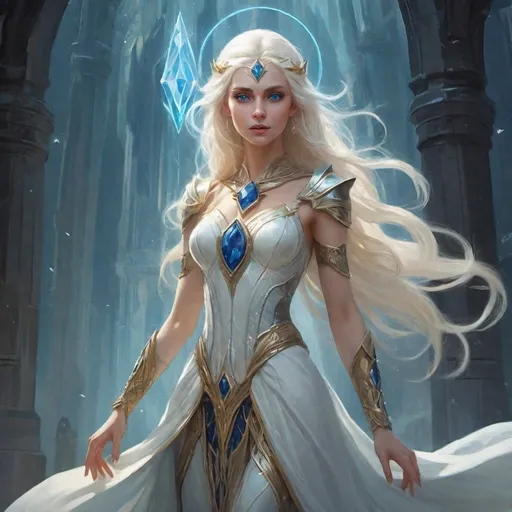 Prompt: "A regal female High Elf with flowing platinum-blonde hair adorned with a circlet of sapphire and gold, standing at the apex of a towering, crystalline spire. Her robes, a blend of shimmering white and iridescent silver, flow like liquid light as she channels an immense arcane spell. In her hands, she cradles a staff of pure diamond, its tip glowing with a pulsating orb that radiates celestial energy. The sky around her is painted with auroras of blue and gold, and below, an intricate city of alabaster and crystal reflects the brilliance of her magic. Her piercing emerald eyes shine with both wisdom and an unyielding determination."