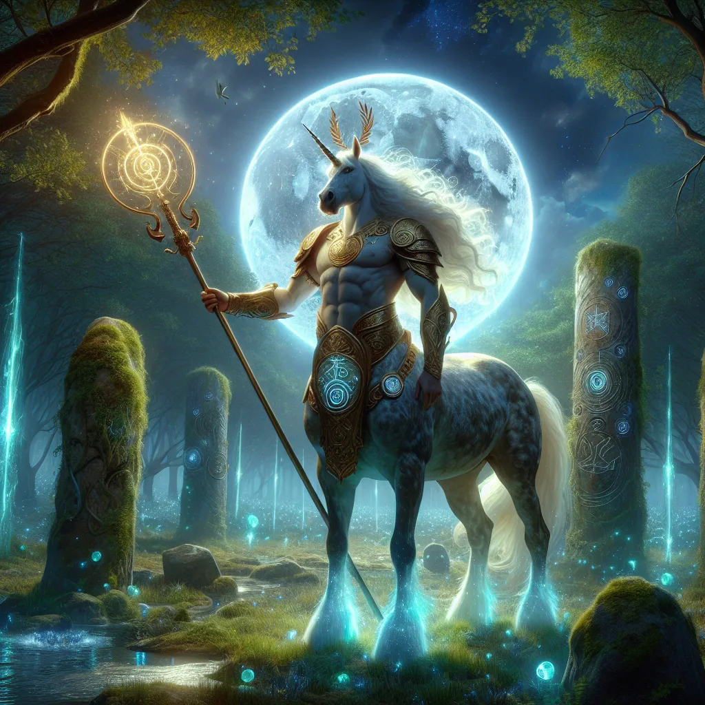 Prompt: "A noble male centaur, the protector of an ancient magical forest, stands poised in a radiant clearing under a glowing full moon. His human upper body exudes strength and wisdom, adorned with a crown of golden leaves and ceremonial armor etched with runic symbols. His horse half is a magnificent dappled gray, its powerful muscles shimmering with ethereal light. He holds a long, ornate spear tipped with a crystalline blade that glows faintly blue. Surrounding him are ancient stone monoliths covered in bioluminescent moss, and the air is alive with floating motes of light, whispering vines, and sparkling streams. The forest itself seems to bow in reverence to him, creating an aura of divine guardianship."