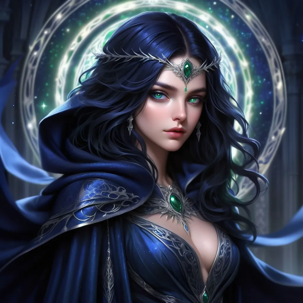 Prompt: Elara Castellanos is an enigma wrapped in a cloak of shimmering midnight-blue fabric that seems to change hue with the light. Her raven hair cascades down to her waist, often adorned with a silver circlet holding back locks that might otherwise obscure her piercing emerald eyes. Her skin is pale as moonlight, with a subtle ethereal glow that hints at the arcane power coursing through her veins. Standing at a regal six feet, she has a lean, athletic build that suggests both strength and grace. Her features are sharp and angular, yet delicate, with high cheekbones, a pointed chin, and a straight, narrow nose. A thin, silver scar traces the path of a lightning bolt from her left temple to the corner of her mouth, a testament to a past battle with a rogue elemental spirit. Her hands, long and slender, are often adorned with rings that sparkle with an inner light, each one a gateway to a different realm of magic. Her attire is a blend of the ancient and the avant-garde, a flowing robe of the finest velvet overlaid with intricate lace, with the occasional metallic embroidery that whispers of the arcane. The hem of her robe brushes the ground, revealing boots of polished l