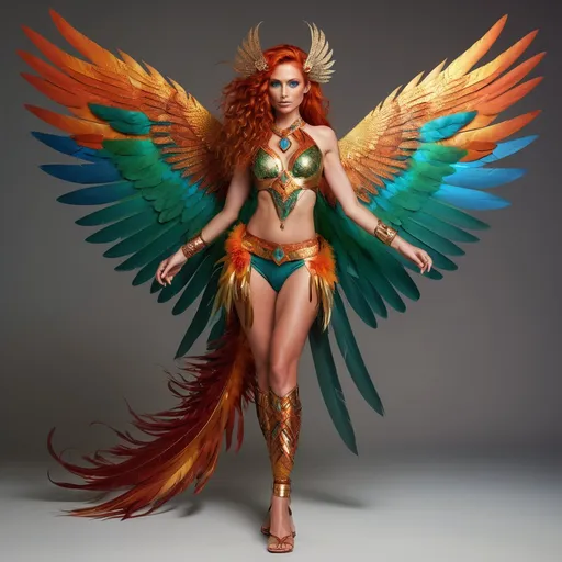 Prompt: Female, Phoenix, 250 years old (young adult appearance), fiery hair, kaleidoscope oranges, reds, and golds, mesmerizing blue-green eyes, warm bronze skin, athletic, feminine physique, minimal crimson and gold attire, bare midriff, intricate bracers, molten gold wing feathers, fiery aura, dramatic fiery tail, elegant sandals, fiery presence, fiery dance, eternal flame, regal heritage, prophecy-driven quest, diverse hero alliance, boundless curiosity, infectious enthusiasm, sharp wit, melancholic streak, fiery temper, fiery spirit.