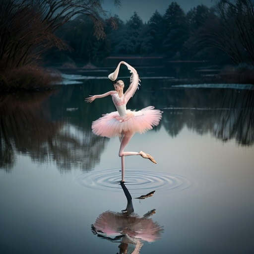 Prompt: graceful crane-girl dancer in a tutu, performing beside a moonlit pond, character portrait