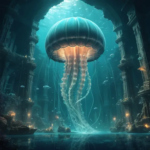 Prompt: Background: An underwater realm with massive glowing jellyfish and crystalline towers rising from the seabed.
Action: A majestic leviathan with translucent fins and bioluminescent markings coils protectively around the ruins of a sunken city.
Render Style: Ethereal and otherworldly, with glowing aquatic elements and rich, deep-sea hues.
Theme: The grandeur of the unknown.