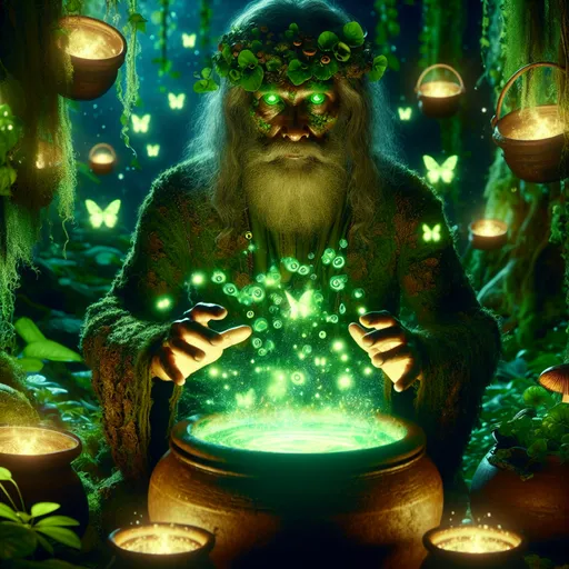 Prompt: "A wise alchemist stands in a secluded grove surrounded by glowing plants and bubbling cauldrons. Their robes are woven from leaves and moss, and their eyes glimmer with a vibrant green light. They hold a flask filled with swirling liquid, which releases glowing spores that transform into ethereal butterflies as they drift away."