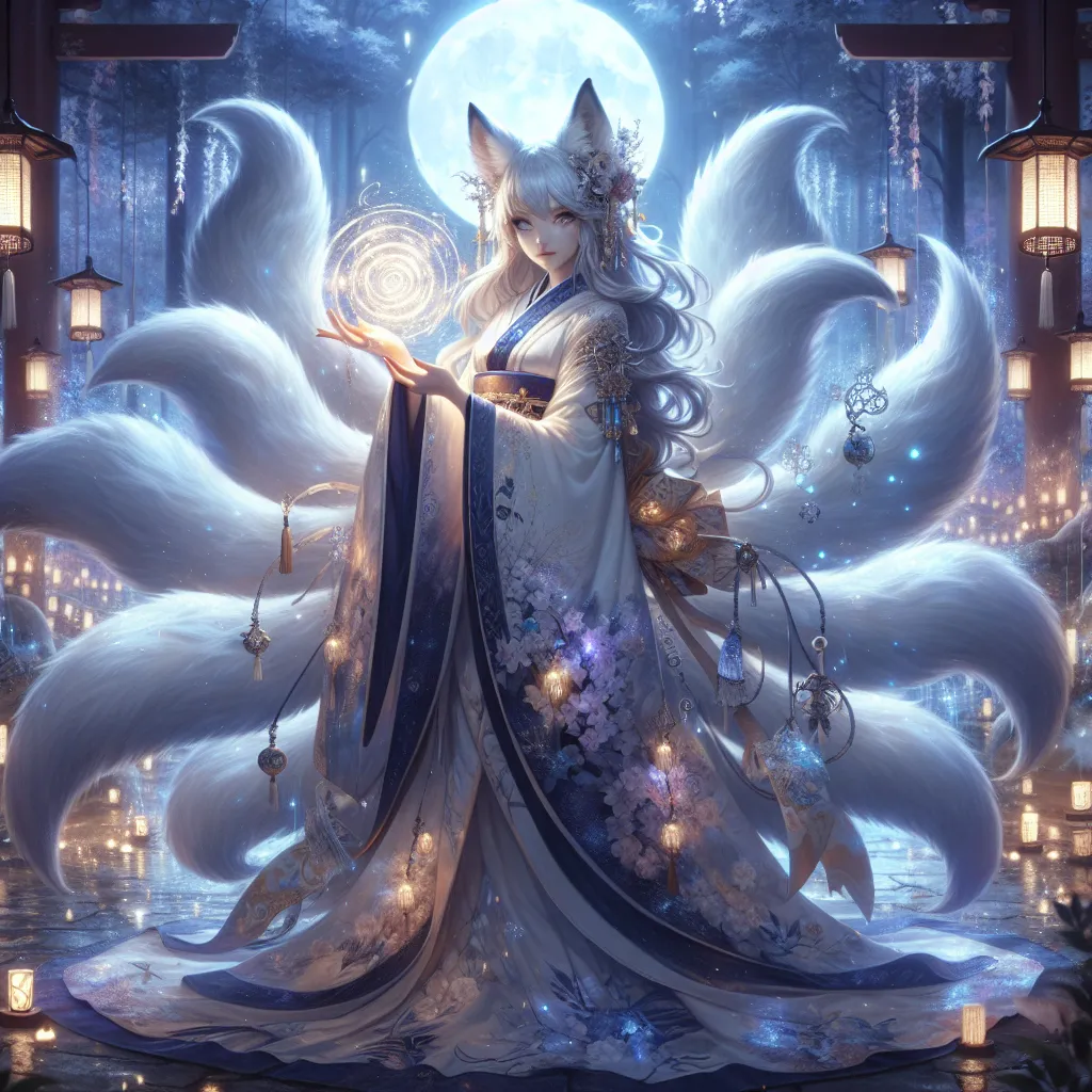 Prompt: Enigmatic Kitsune Enchantress
"A mesmerizing female Kitsune stands at the center of a mystical shrine surrounded by a tranquil, moonlit forest. Her nine shimmering tails fan out behind her, each glowing faintly with a silvery aura and tipped with golden light. She has fox-like ears adorned with delicate jewelry, and her long, flowing hair, a blend of silver, white, and light gold, glistens in the soft moonlight. She wears an elegant kimono with intricate patterns of falling cherry blossoms and glowing arcane runes, accented by a sash of radiant silk. In her hands, she holds a magical foxfire orb, its swirling flames dancing with shades of blue, purple, and gold. The shrine is adorned with floating lanterns, ancient torii gates, and glowing ethereal fox spirits that hover around her. The scene is bathed in an otherworldly light, with cherry blossoms drifting through the air and the full moon casting an enchanting glow over the sacred ground."