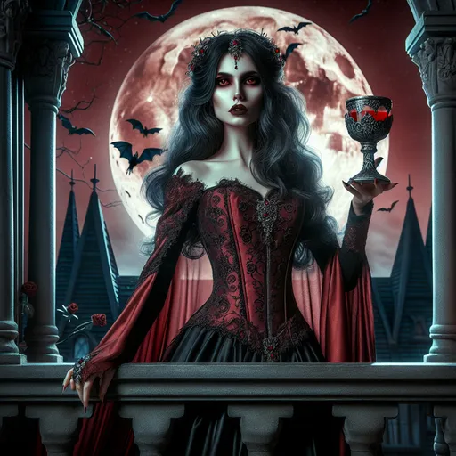 Prompt: The Crimson Enchantress
"A regal female vampire stands atop the balcony of a gothic manor, her alabaster skin glowing faintly under the blood-red light of a full moon. Her long, raven-black hair cascades over her shoulders, adorned with silver threads and rubies that shimmer like droplets of blood. Her piercing crimson eyes glint with a mix of hunger and allure, capable of both enchanting and terrifying those who meet her gaze. She wears an elegant, floor-length gown of deep scarlet and black lace, the corseted bodice intricately embroidered with patterns of thorny roses. In her delicate yet deadly hand, she holds a goblet carved from onyx, filled with a dark, viscous liquid that reflects the moonlight. Around her, the air is thick with the scent of night-blooming flowers, and bats flit silently through the night, their shadows dancing on the stone walls behind her. The faint whispers of her enthralled servants echo from the halls below, a reminder of her dominion."