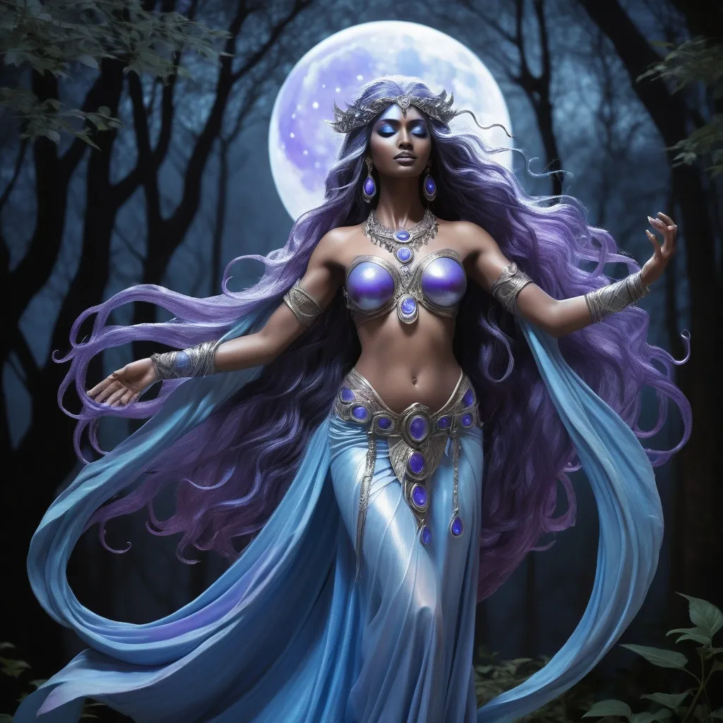 Prompt: Thara Moonshadow is a Magog, a rare and enigmatic species known for their ethereal beauty and otherworldly grace. Standing at a statuesque six feet tall, her skin is a shimmering silver that seems to dance with the light, often reflecting the soft blues and purples of the moonlit nights she so dearly loves. Her long, flowing hair cascades like a waterfall of obsidian, each strand adorned with delicate beads of silver that jingle softly as she moves. Her eyes are twin pools of liquid amber, surrounded by thick, dark lashes that seem almost too heavy for her delicate features. Her nose is straight and slender, her lips full and naturally tinted a soft pink. Her ears are pointed, elongated and adorned with intricate earrings that mirror the shape of the crescent moon. Her body is lithe and athletic, a testament to her centuries of honing her skills as a warrior and a dancer. Her fingers are long and nimble, perfect for plucking the strings of her magical lute, and her feet, bare and unblemished, leave no trace as she glides across the ground. She is often seen wearing a cloak of woven starlight that clings to her form, revealing just enough to hint at the intricate tattoos that cover her torso, each one a story from her long and storied past.