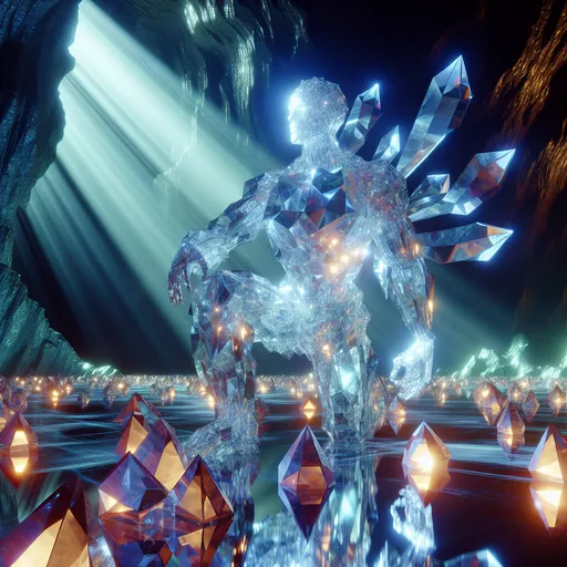 Prompt: "A crystalline being guards a vault filled with glowing, floating shards of ancient power. Their semi-translucent body refracts light into brilliant rainbows, and their sharp, angular features give them an air of alien beauty. The vault itself is a cavern of endless mirrored walls, amplifying the glowing shards into infinity."