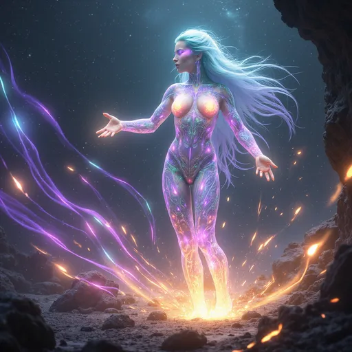 Prompt: "A radiant female Aetherborn, her translucent, opalescent body swirling with vibrant hues of violet, teal, and gold, stands at the center of a cosmic rift. Her form flickers with ephemeral light, constantly shifting as if made from living starlight. She manipulates threads of glowing aether with her elongated, delicate hands, weaving them into intricate patterns that ripple through the air like a celestial tapestry. Around her, fragments of shattered worlds float weightlessly, illuminated by a nebula that pulses with energy. Her eyes are twin galaxies, shimmering with wisdom and power, as she gazes into the infinite expanse."