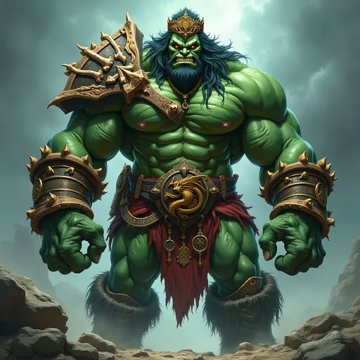 Prompt: Grunthor Ironfist towers over his kin and adversaries alike, a colossal figure of unyielding might. His emerald-green skin is scarred and pitted, a tapestry of battles fought and won, each one a testament to his unrelenting spirit. His eyes burn with an intensity that pierces the gloomiest of nights, twin embers set deep within a craggy, frowning face. Thick, unruly hair the color of midnight cascades down his back, often braided with the teeth of slain beasts. Atop his head sits a crown forged from the bones of his fiercest enemies, a symbol of his dominance. The ogre's body is a sculpture of muscles and sinew, a formidable mass that seems to defy the very laws of gravity. His hands are the size of hammers, each finger adorned with rings of ancient metal, etched with runes that whisper of power and protection. His attire is a mix of the finest looted armor and the hides of mythical creatures, patchworked together with intricate care to form a suit that is as intimidating as it is functional. A thick beard, the envy of his kind, frames a grin that splits his face, revealing a set of teeth that could shatter steel. The Ironfist clan crest, a snarling dragon wrapped around an anvil, is emblazoned upon his broad chest in gleaming gold. Despite his fearsome visage, there is a certain nobility to his bearing, a reminder of the storied lineage that courses through his veins.