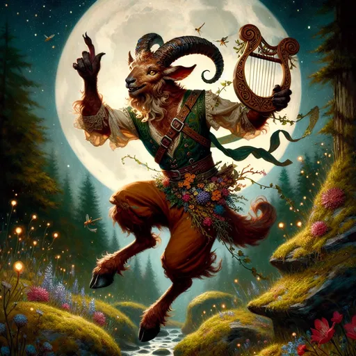 Prompt: The Sylvan Minstrel
"A jovial male faun dances through a moonlit glade, his lithe, goat-like legs bounding gracefully over moss-covered stones and wildflowers. His russet-brown fur blends seamlessly with the earthy tones of the forest, while his toned upper body is adorned with simple leather straps and a sash woven with colorful forest blooms. His curled horns are polished and entwined with ivy, and his golden eyes glimmer with mischief and charm. Slung over his back is a lyre carved from ancient wood, its strings shimmering like starlight, while a flute hangs at his hip. As he plays a lively tune, the surrounding forest comes alive: fireflies dance in spiraling patterns, streams flow in rhythm to his music, and woodland creatures gather to join the celebration. The glade pulses with a magical energy, a testament to his role as both guardian and spirit of revelry in the wild."