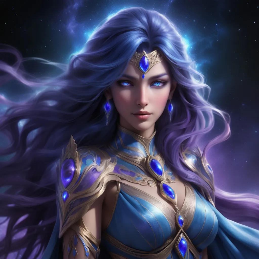 Prompt: Zarael Whisperwind, known more commonly as Zara, stands tall at six feet seven inches, a testament to her Kalashtar lineage. Her skin is a rich tapestry of blues and purples, shimmering subtly in the light with an ethereal quality that seems to hint at the bound psionic energy within her. Her hair, long and flowing, is a cascade of dark indigo that reaches the small of her back, often adorned with small crystals and feathers that whisper with every movement. Her eyes are the most striking feature, a piercing silver that seems to gaze into the soul of anyone who meets her gaze. They are large and almond-shaped, framed by thick, dark lashes, and surrounded by a faint aura that pulses with psychic energy. Her features are sharp and angular, reminiscent of elven grace but with a stoic strength that speaks of her monk training. Her body is toned and lithe, a balance of power and agility that comes from centuries of discipline and meditation. Her garments are a mix of light armor and flowing silks in shades of midnight blue and silver, allowing for ease of movement in combat and a certain elegance in diplomacy. Her hands and feet are adorned with intricate tattoos that trace the pathways of her psionic abilities, each line and swirl telling a story of her ancestral heritage and personal triumphs.