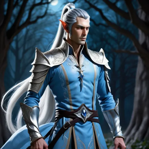 Prompt: Cas stands tall with an elegant posture that hints at his centuries of practice and discipline. His skin is an ethereal shade of light blue, almost luminescent under certain moonlit conditions, a trait unique to the high elves of the Sylvanus lineage. His long, silver hair is usually tied back in a sleek ponytail that reaches the small of his back, with a few loose strands framing his sharp, angular face. His eyes are a piercing emerald green, often reflecting the intensity of his thoughts and the magic he wields. He has a lean yet muscular build, a testament to his balance between physical and magical prowess. Cas prefers to dress in a blend of archaic elvish garb with practical, modern wizarding robes. He wears a long, deep purple cloak lined with intricate silver stitching that represents his mastery over the arcane. Beneath it, his attire includes a tunic adorned with ancient runes, form-fitting trousers, and tall, buckled boots that allow for swift movement. His most notable feature is the intricate tattoo that snakes from his left wrist to his neck, a glowing vine-like pattern that acts as a conduit for his powerful spells.