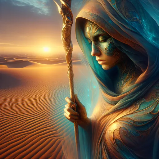 Prompt: "A graceful, ethereal figure draped in flowing robes of shifting sand and glowing turquoise stands in the middle of a vast desert. Their face is obscured by a shimmering veil, and their staff, adorned with ancient desert symbols, creates mirages that flicker and twist around them. The ground glows faintly with the blue hue of their mystical energy."