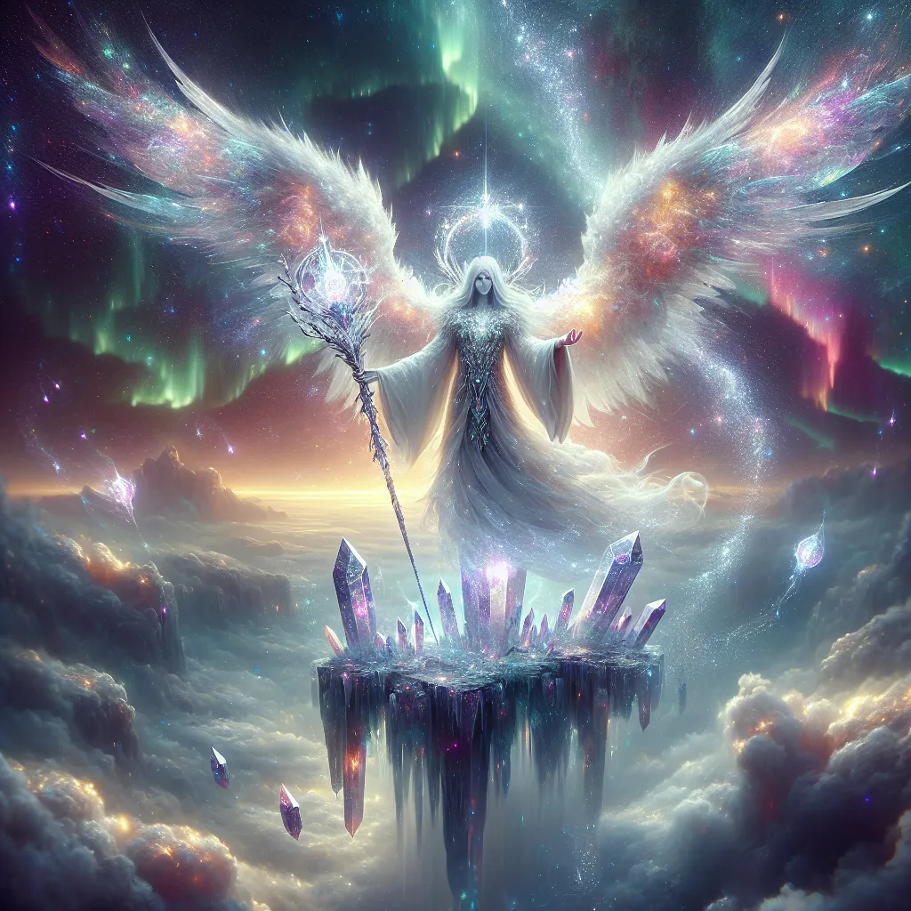 Prompt: Celestial Guardian of Realms
"A celestial guardian standing atop a floating crystal island, surrounded by glowing ethereal mists. The guardian has radiant wings made of stardust and wields a shimmering, jewel-encrusted staff that pulsates with cosmic energy. The sky is filled with cascading auroras and galaxies swirling in the background."