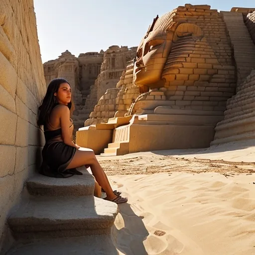 Prompt: Her heart pounding in her chest, Leona climbed the steep slope, feeling the grains of sand slide beneath her paws. The wind picked up, carrying the scent of an approaching tempest. At the peak, she found the Sphinx waiting, its stone eyes gleaming in the fading light.