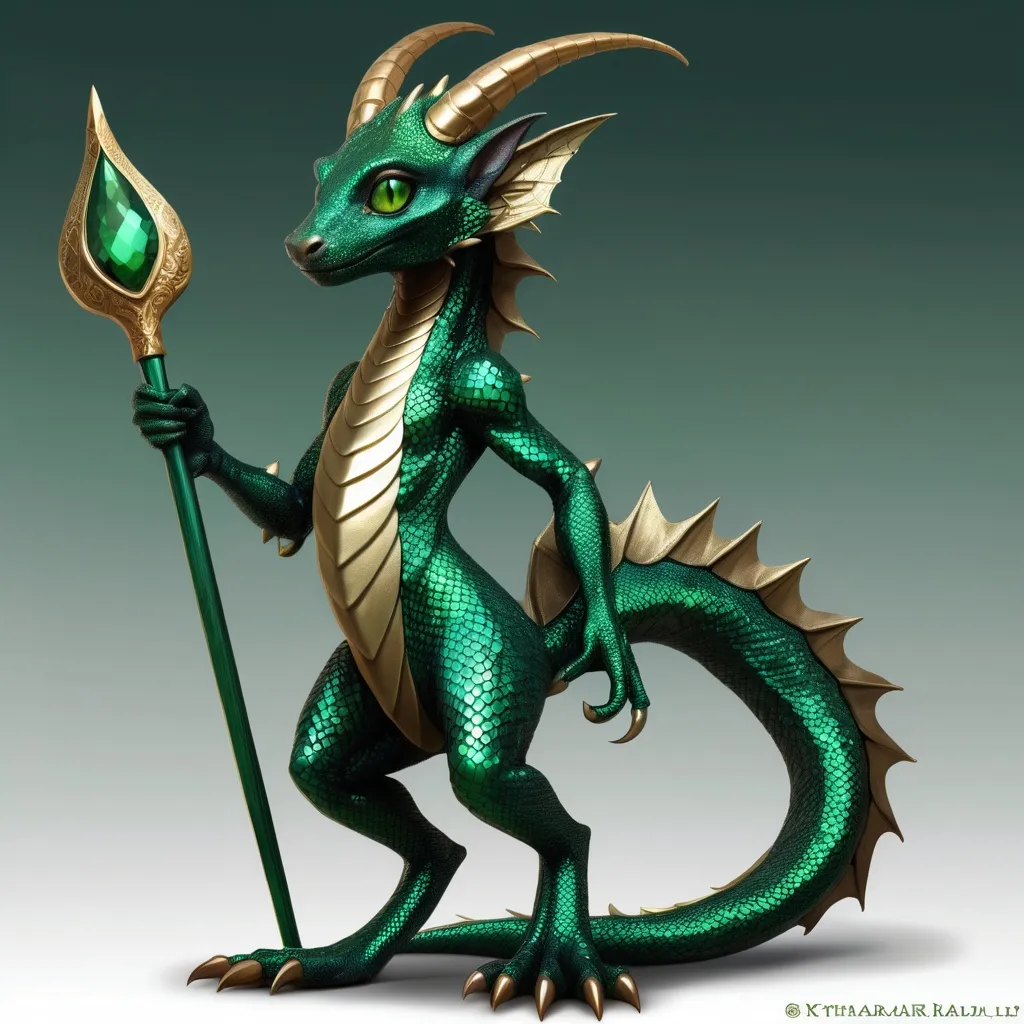 Prompt: Kythara is a sleek and agile kobold with emerald green scales that shimmer in the light, a stark contrast to the usual dull browns of her kin. Her eyes are a piercing gold, reflecting her sharp intellect and curiosity. Standing at just over three feet tall, she moves with a grace that belies her draconic heritage. A long, prehensile tail, tipped with gleaming flint, is both a tool and a weapon for her. Her attire consists of leather armor intricately carved with ancient symbols, and she wields a rapier that seems almost too large for her frame.