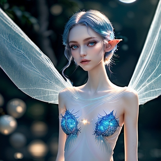 Prompt: Half-Elf, Half-Sylph, 23, ethereal, slender athletic build, pearlescent skin, moonlit sea hue, midnight hair, azure eyes, delicate lashes, star-adorned, translucent wings, gossamer material, spider silk garment, strategic leaf placement, flowing attire, minimalist, tantalizing.